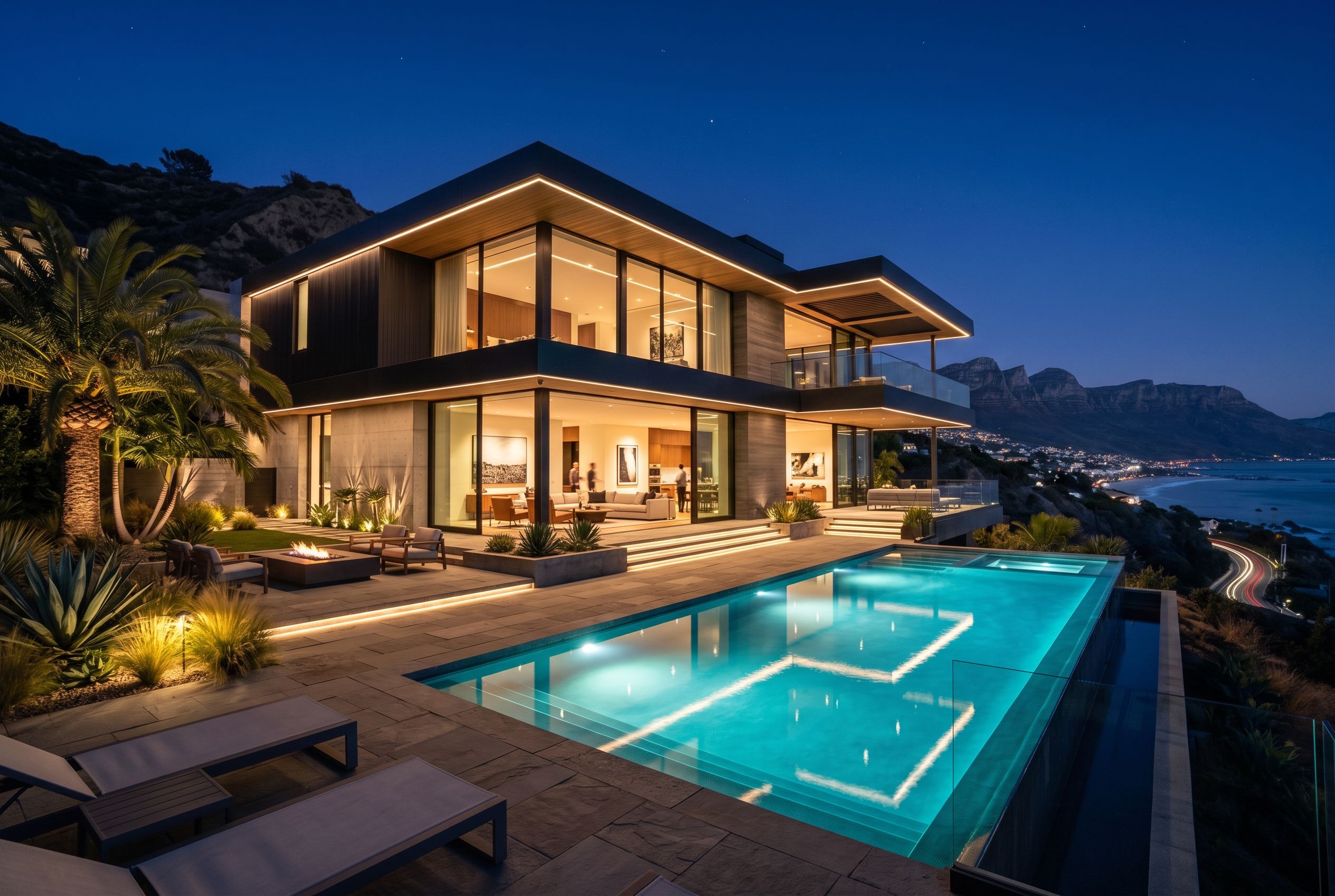 Modern custom home with infinity pool at dusk