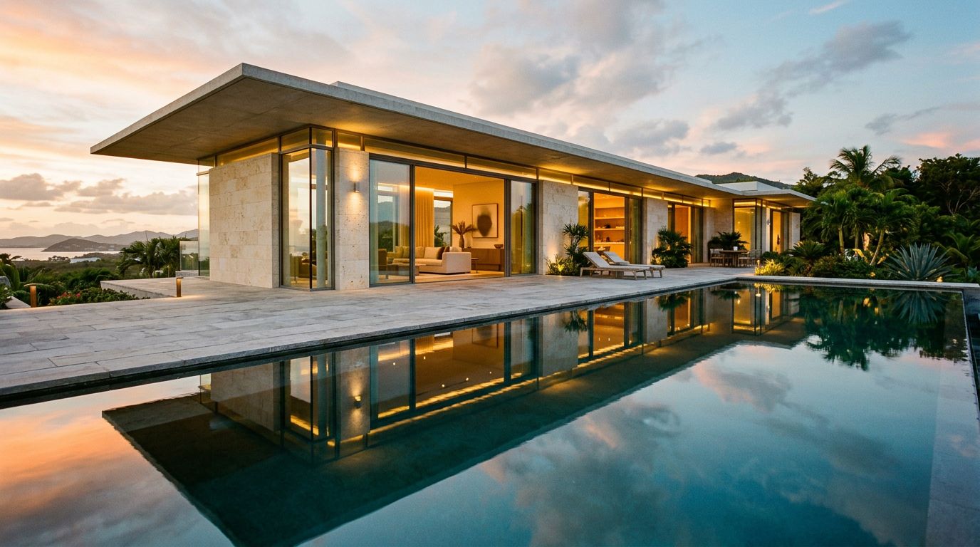 Modern villa reflected in a still pool